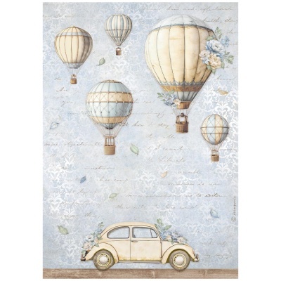 Ilustração vintage de balões de ar quente creme e azul com carro clássico creme decorado com flores sobre fundo azul damasco