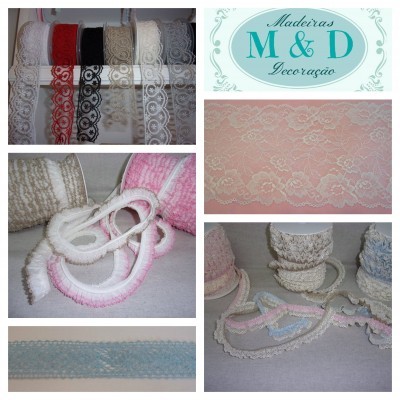 Fitas e rendas decorativas em várias cores com logotipo Madeiras M&D Decoração