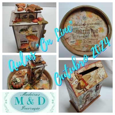 Objetos decorativos de madeira com tema de outono e texto em francês