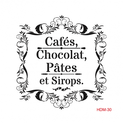 Design ornamental preto e branco com texto em francês sobre cafés, chocolate, massas e xaropes