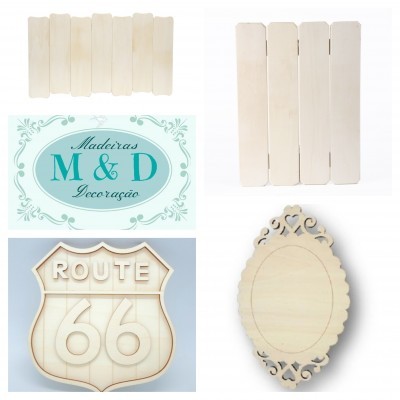 Produtos decorativos de madeira clara com texto ROUTE 66 e painel oval decorativo