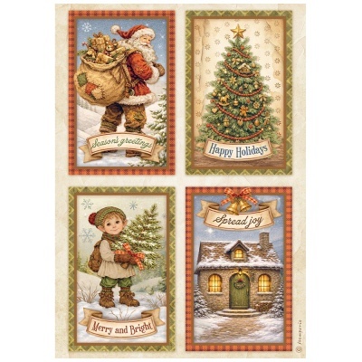 Quatro cartões natalícios vintage com Pai Natal, árvore, criança com árvore e casa nevada