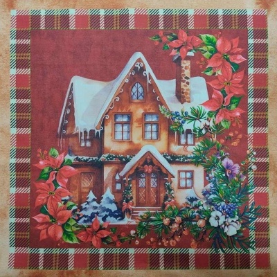 Guardanapo natalício com casa de neve e flores em padrão xadrez vermelho e bege