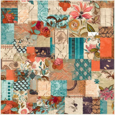 Tecido patchwork colorido com padrões florais e geométricos.