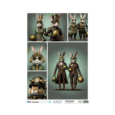 Papel de decoupage com imagens de coelhos steampunk em fundo cinzento