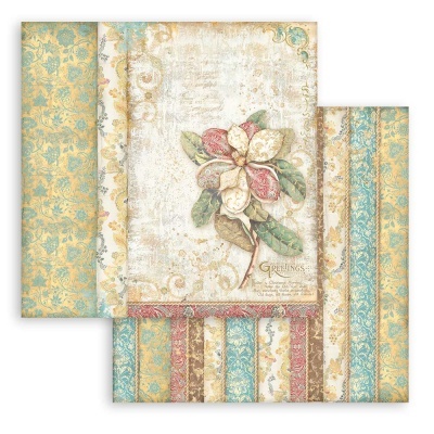 Papel decorativo vintage com flor grande, padrões listrados e texto Greetings