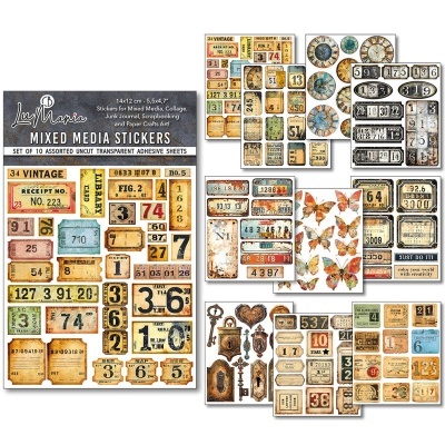 Pack de autocolantes vintage misto com números, bilhetes, selos e borboletas em tons castanho, bege e azul