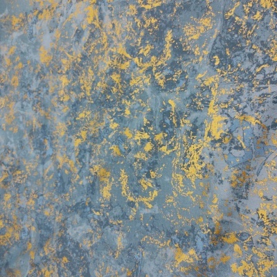 Tecido azul com detalhes dourados em padrão abstrato