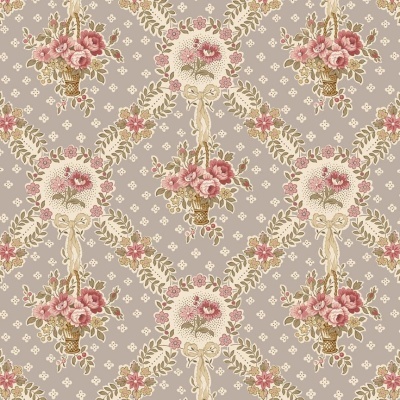 Padrão floral com rosas e folhas em cestos dourados sobre fundo cinzento.