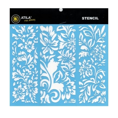 Stencil de padrões florais com etiqueta preta e texto ATILA PDR-8009 STENCIL