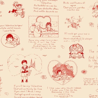 Ilustrações vintage de crianças com corações e textos do Dia dos Namorados em traço vermelho sobre fundo creme