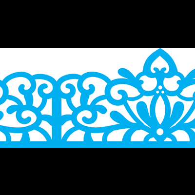 Padrão decorativo floral azul com palavra OMAZÉLO em fundo azul.