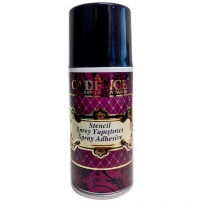 Lata de spray adesivo para stencil com tampa preta e rótulo roxo com texto