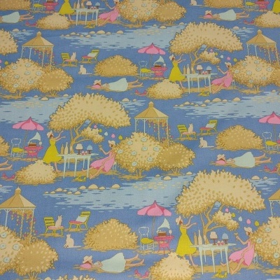 Tecido com padrão repetitivo de cenas campestres coloridas e lago azul