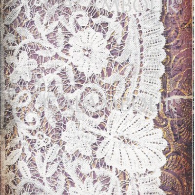 Padrão de renda branca com flores e folhas em fundo roxo e dourado