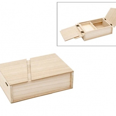 Caixa de madeira clara com tampa deslizante e compartimentos internos