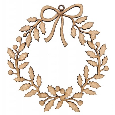 Guirlanda decorativa em madeira com folhas, frutos e laço