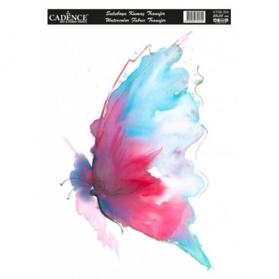 Papel decorativo com uma borboleta colorida e texto CADENCE TECIDO PARA TRANSFER no topo