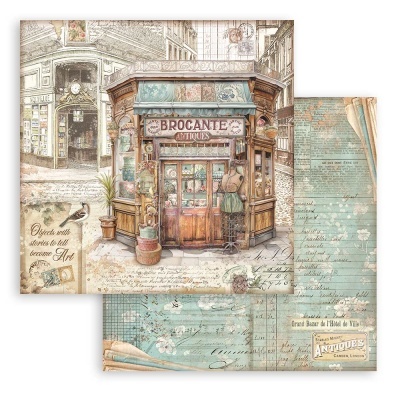 Papel decorativo vintage com imagem de loja antiga 'BROCANTE ANTIQUES' e elementos escritos em inglês e francês