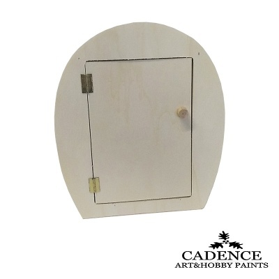 Porta pequena de madeira clara com pino e duas dobradiças, forma arredondada, logótipo CADENCE ART&HOBBY PAINTS