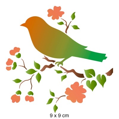 Desenho artístico de um pássaro colorido em ramo com flores e folhas