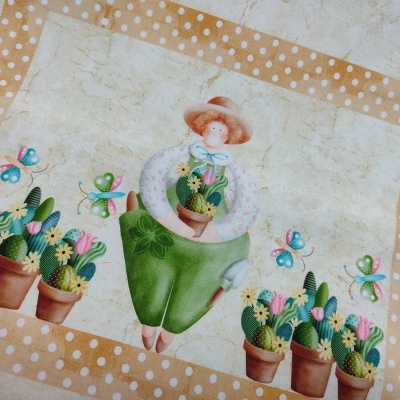 Pano decorativo com figura de mulher, cactos e borboletas