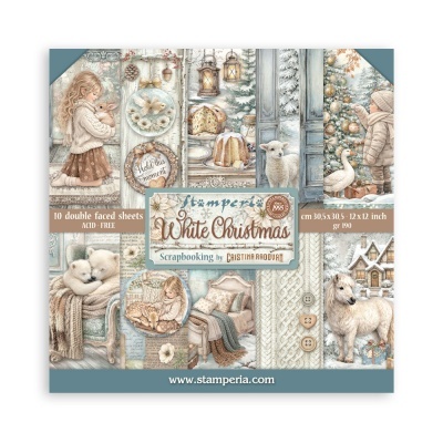 Kit de scrapbooking Stamperia White Christmas com folhas ilustradas de inverno e Natal