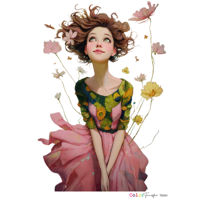 Ilustração de mulher com vestido florido e flores ao redor