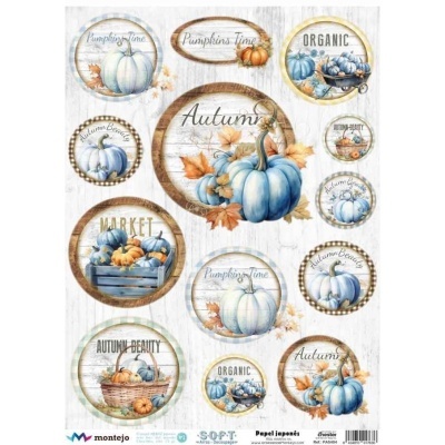 Etiquetas redondas decorativas com abóboras azuis e laranjas e texto em inglês sobre fundo claro