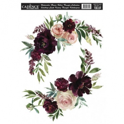 Guirlanda floral decorativa com rosas rosa claro e flores roxas escuras em fundo branco