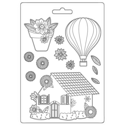 Carimbos de borracha para artesanato com desenhos diversos de flores, casa e balão