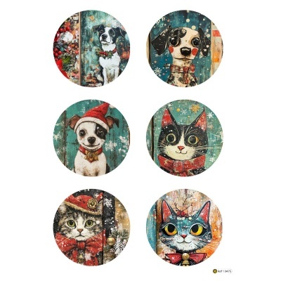 Ilustrações redondas de cães e gatos com acessórios natalícios em fundo verde e azul