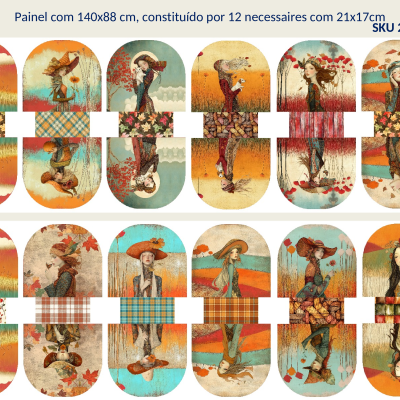 Painel com 12 necessaires coloridas com ilustrações femininas e padrões florais e xadrez
