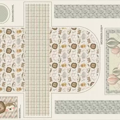 Tecido estampado com ursinhos e padrões para acessórios de bebê.