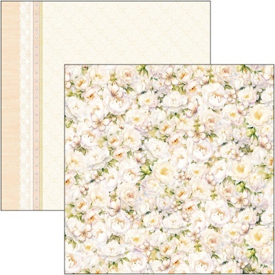 Papel decorativo com padrão floral branco e bege e verso creme com borda rendada