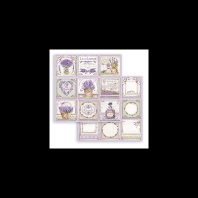 Papel decorativo com estampas de lavanda e molduras vintage em lilás e bege.