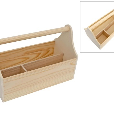 Caixa organizadora em madeira clara com compartimentos e pega superior