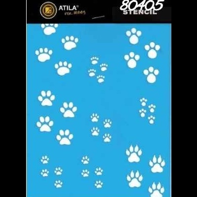 Stencil azul com pegadas de patas brancas em padrão repetitivo