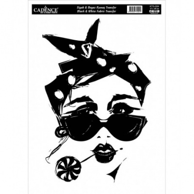 Transferência tecido Cadence rosto feminino preto e branco com lenço e óculos