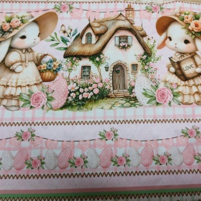 Tecido estampado com coelhinhos, casinha, flores e ovos em tons suaves