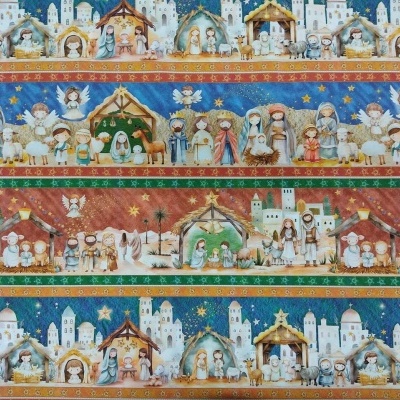 Tecido com tema de presépio em várias cores e cenas repetidas