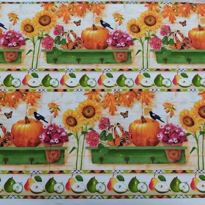 Tecido colorido com padrão de abóboras, flores, folhas de outono, passarinhos e peras