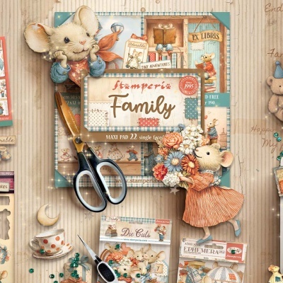 Kit de scrapbooking Stamperia Family com materiais variados e decorativos em tons pastel