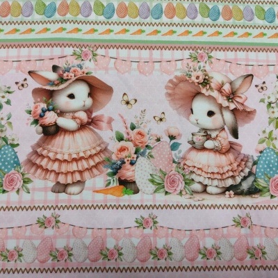 Tecido decorativo com padrão de coelhos vestidos com roupas cor-de-rosa e chapéus floridos