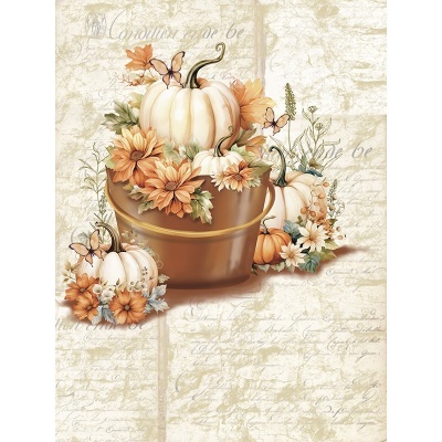 Abóboras brancas e laranja com flores em vaso castanho em fundo bege com texto caligráfico