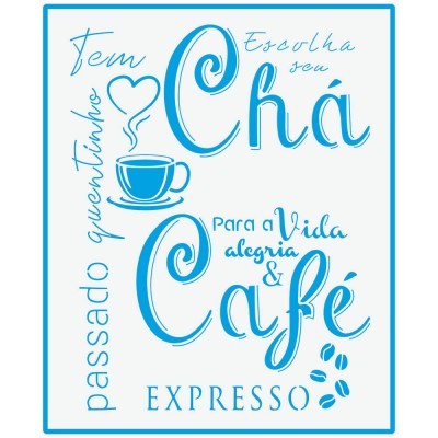 Imagem gráfica azul com texto sobre chá e café com desenhos de chávena e grãos