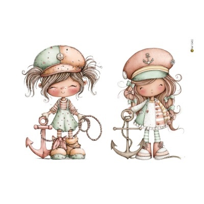 Ilustração de duas meninas com boinas e âncoras em cores pastel