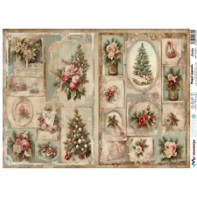 Folha decorativa vintage com motivos natalinos e florais em tons pastel