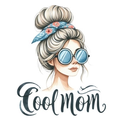 Ilustração de mulher de cabelo apanhado, óculos de sol e frase Cool Mom