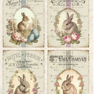 Cartões vintage com coelhos, flores e texto em francês antigo num fundo creme envelhecido